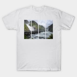 Wonderful landscapes in Norway. Vestland. Beautiful scenery of Latefossen waterfall under the Lotevatnet lake on the Hardanger scenic route. Mountains, trees in background. Cloudy day T-Shirt